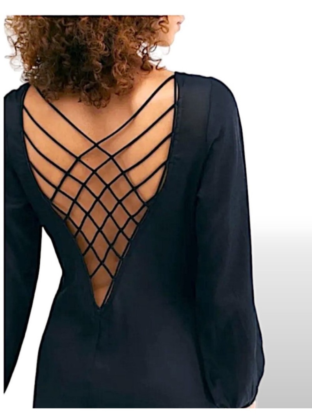 Free People Black Long-Sleeve Backless Dress with Lattice Back